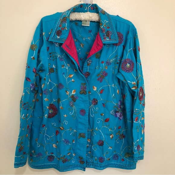 Vintage Granny Core  bright blue floral embroidered beaded shaket size medium - Picture 2 of 13